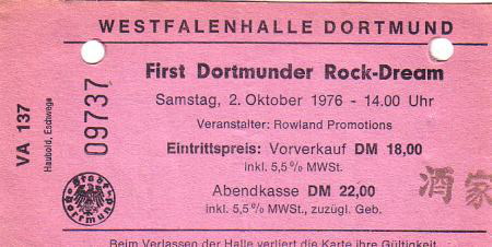 October 02, 1976 Golden Earring Dortmund show ticket
